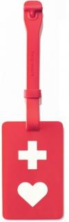 ヘルプマーク。赤いタグ状のもので、プラス記号とハート記号を組み合わせた白いマークがついています。