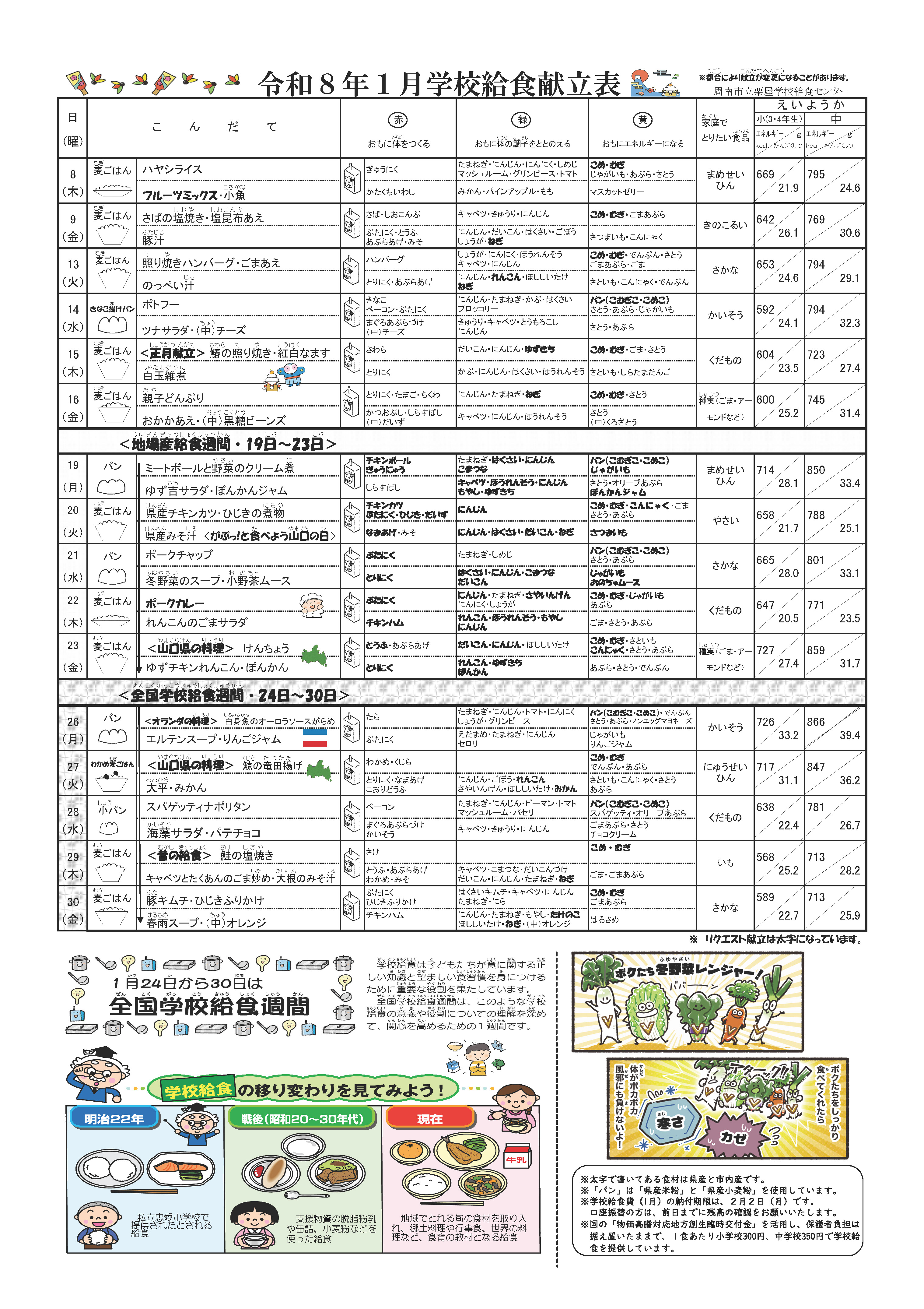 平成　レトロ　メモ帳　あにまる給食こんだて表 献立表 - 山口県周南市